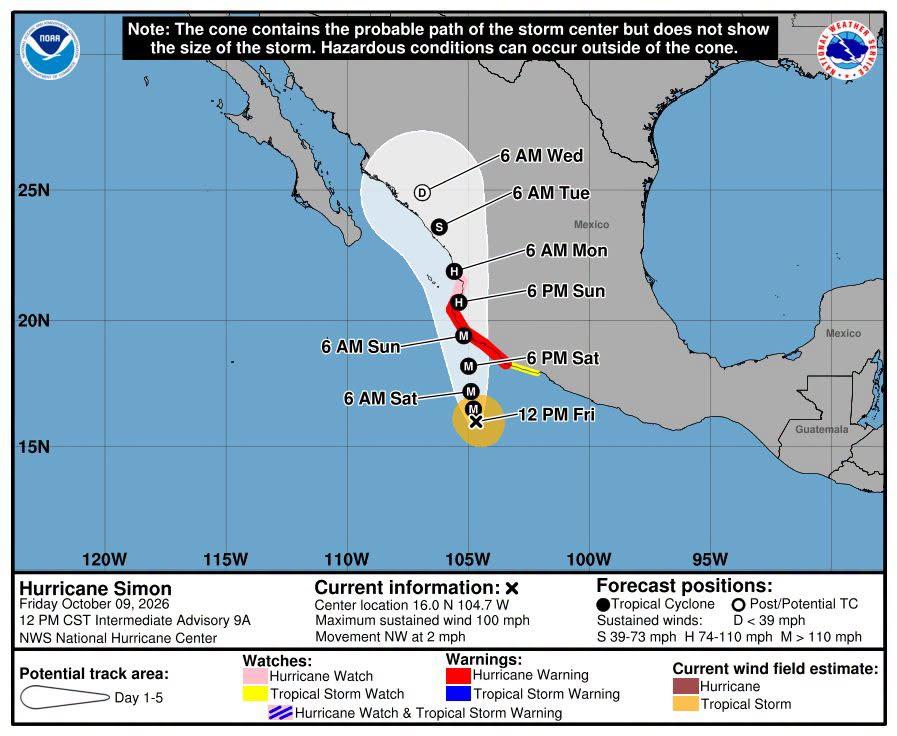 Pronóstico de trayectoria del Huracán Simón frente a las costas de Jalisco, Centro Nacional de Huracanes (NOAA)