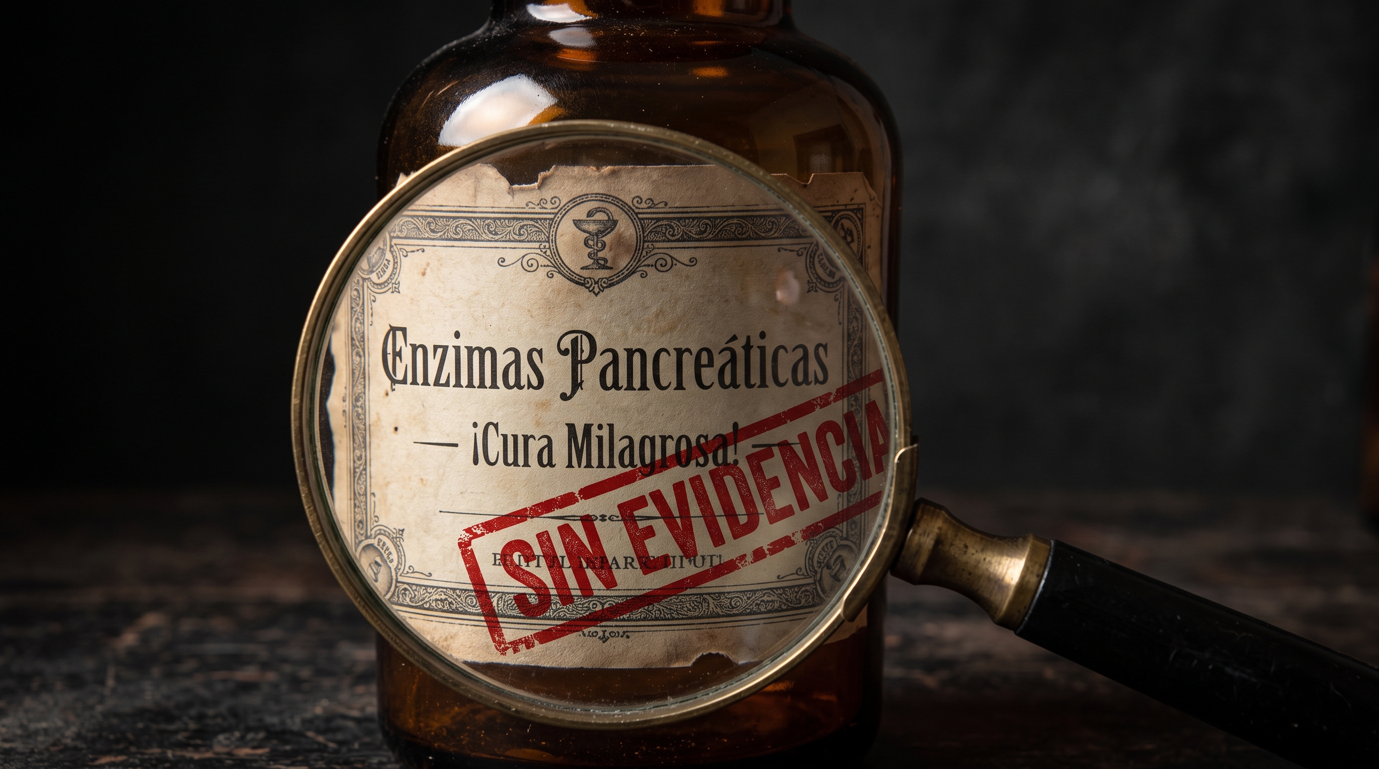 Frasco antiguo de remedio milagroso con la etiqueta «enzimas pancreáticas» bajo una lupa, con un sello rojo de «sin evidencia»